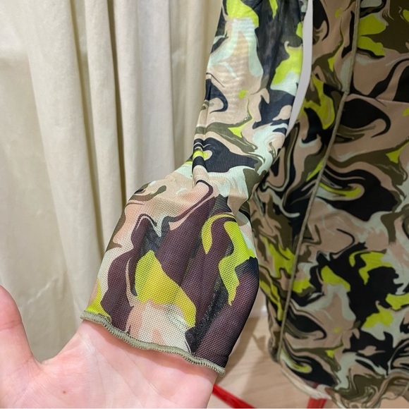 H&M Khaki Green/Patterned Mini Dress, Tie-Up, Mesh, Defined Seams, Women’s, US M - Picture 10 of 13